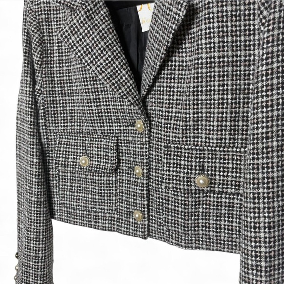 Dee Dee Cropped Tweed Blazer Jacket Black White Pink Pearl Buttons NWT - Picture 3 of 8